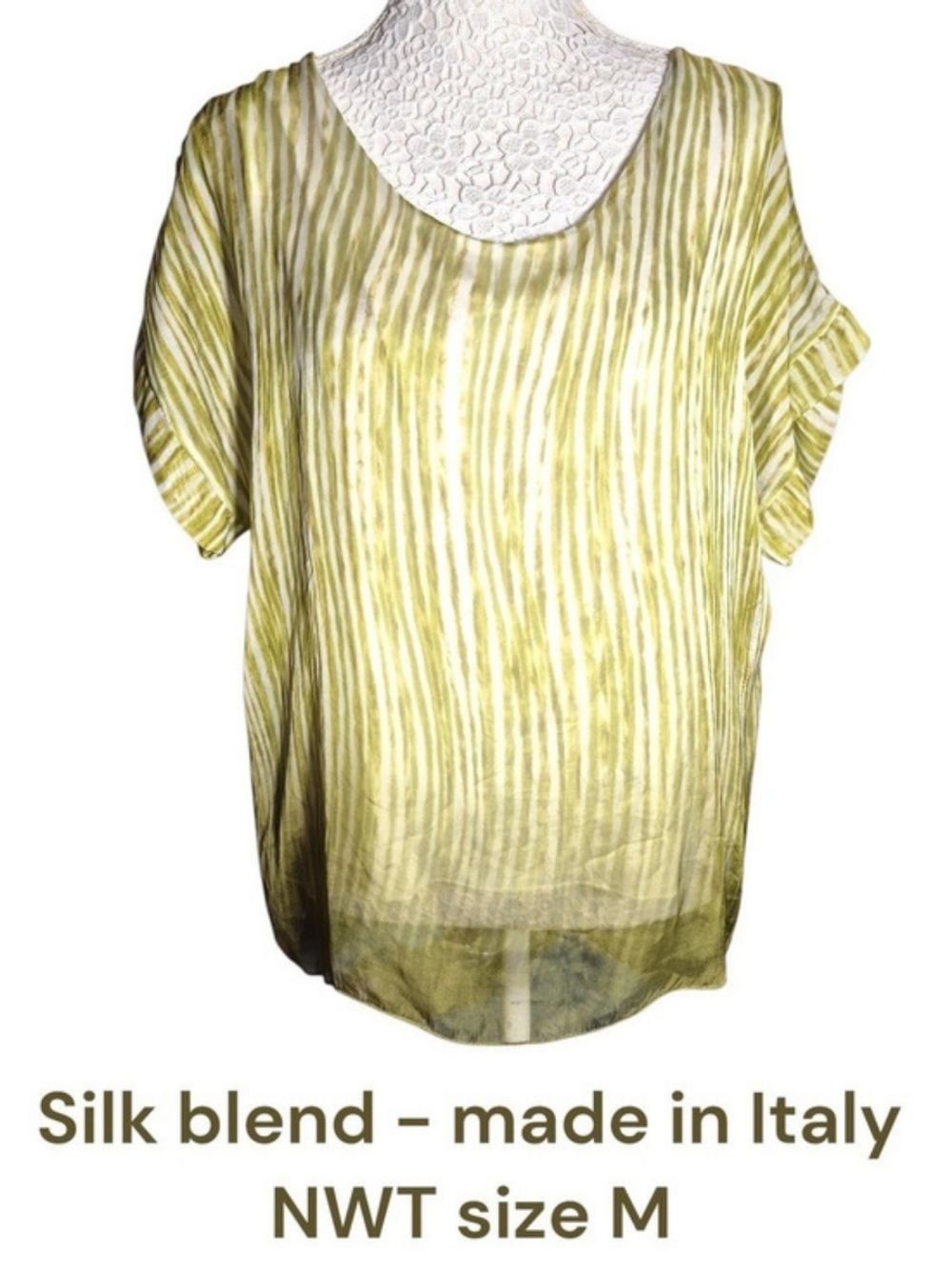 GIUSY Italy NWT Olive Green Abstract Stripe Silk Blend Blouse - Size L